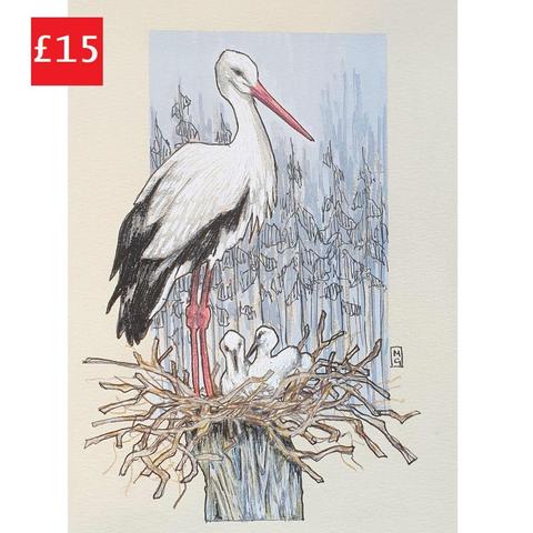 A small drawing of a white stork on a nest with chicks and an abstract grey forest landscape background. White Storks are migratory birds, breeding in warmer climates across Europe and West Asia and wintering in Africa. According to a myth, the white stork brings babies.
An original art work, please note that the frame is not included.
Colour pencil and mixed media on acid free toned artist paper
5 by 7 inches (12.7 by 17.8 cm).