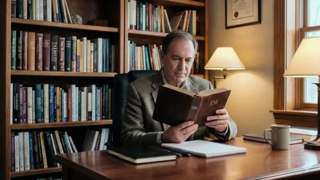 generata AI psicologo nel suo studio alla scrivania che studia la bibbia e  in libreria altri testi sacri di varie religioni