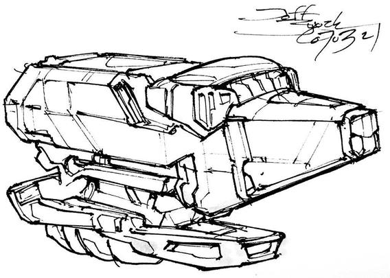 Black and white line art sketch of an imaginative sci fi spaceship. Each one is very different. A rectangular Vietnamese pot-bellied pig with its nose turned up, standing on a flying skateboard.