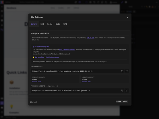 the new UI in the site settings, to help users use templates and contribute to templates

 Screenshot shows the site settings with tabs General, SEO, Social, Code, CMS

In the general tab:
Storage & Publication
Based on template
License: Creative Commons Attribution 4.0 International
GITLAB PROJECT
PROJECT VISIBILITY
WEBSITE VISIBILITY
PUBLISHED WEBSITE