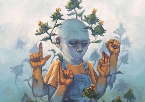 A figure surrounded by flowers, with multiple hands gesturing in various poses, set against a soft blue background.