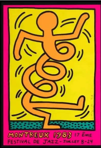 Affiche du festival de jazz Montreux 1983 représentant un bonhomme longiligne dont le corps forme des cercles sur fond jaune, donnant l'impression qu'il est en mouvement, couleurs flashy (rose fuchia, différents tons de jaune)