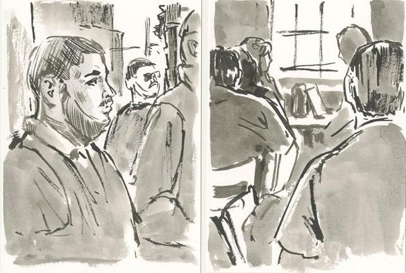 Drawings on postcards in ink. One is profile of young man w beard, the other is backs of people at cafe tables in coffee shop.