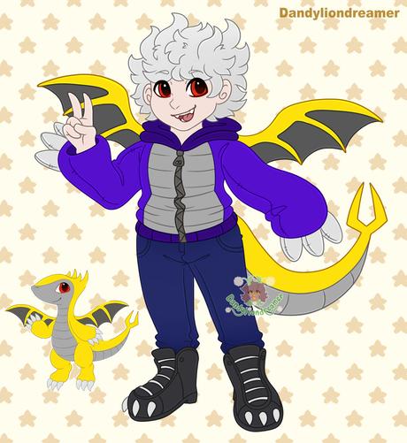 a yellow snivy dragon fursona redesigned to look human like!

posing with a peace sign, having silver hair, wearing a pruple hoodie and jeans, and blackgoots with claws on them,