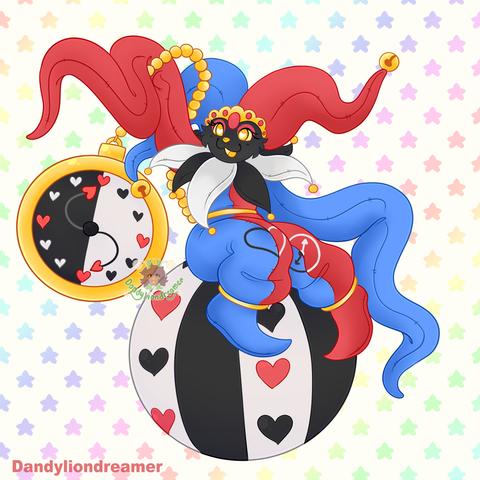 a clown oc dressed in half red half blue jester like clothes sitting on a ball while holding a comically large watch