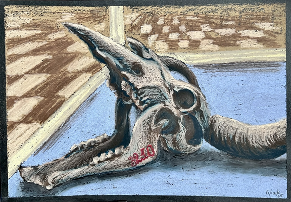 Oil pastels on toned paper drawing showing a yak skull with red serial number on its jaw. A museum exhibit