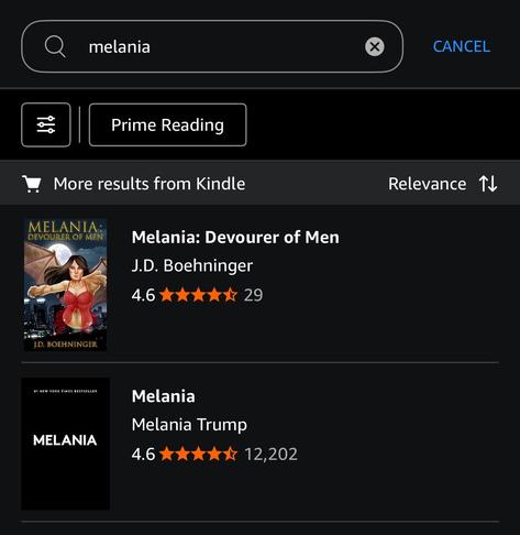 Screenshot from the Kindle app showing the search results for Melania. Melania devourer of men is in first place followed by Melania a book by Melania Trump.