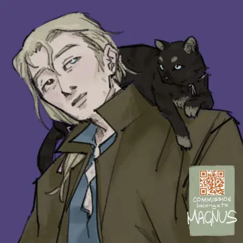 A portrait of an OC (Sasha) roughly dressed in a shirt and jacket, shoulder-length hair loosely tied with a pink ribbon, and a black cat (Birdie) perched on his shoulders with a matching ribbon collar.