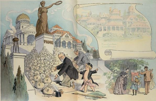 A colorful illustration depicting a statue labeled 'FAME' amidst a pile of money bags, with a man and child inspecting the bags. In the background, prominent buildings labeled 'LIBRARY' and 'UNIVERSITY' are visible, alongside a scroll displaying a 'Plan of Free Home for Consumptives'. Various characters are interacting in the foreground.