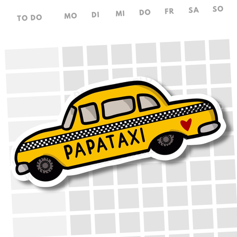 Gestanzter Sticker im Stil eines New Yorker Taxis. Schriftzug: PAPATAXI