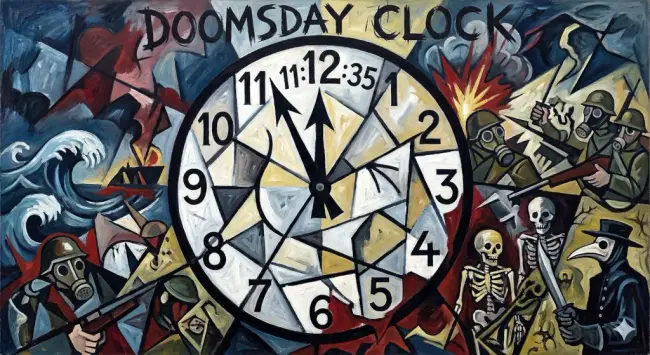 generata AI doomsday clock sul genere di quelli del picasso e dietro maremoti, guerre e pestilenze
