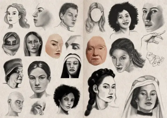 Two-page sketchbook spread filled with digital charcoal and graphite studies of faces, heads, and a couple of hands. Many different heads are sketched in various angles: front views, three-quarter views, and in profile. Most are shaded realistically in greyscale, with two digital colour studies. The subjects vary in age and appearance, young and old, male, and female. One is a faceless hair study.