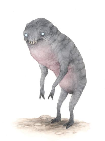 watercolour painting of a strange grey creature standing on its hind legs. It has a pinkish belly and white glowing eyes and sharp protruding top teeth. It has no nose and no ears that can be seen.