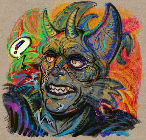 A colorful digital portrait of a humanoid monster character.