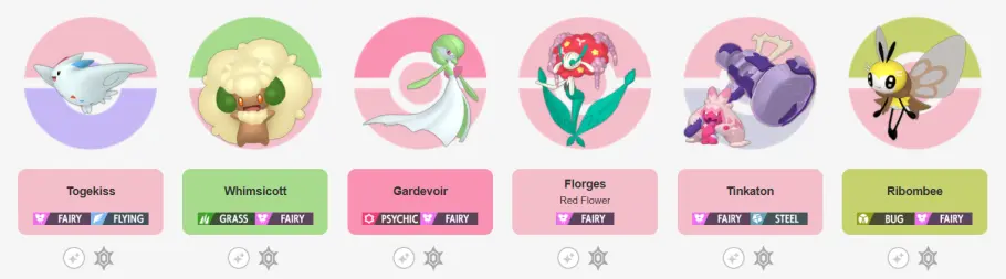 Ghost type Pokemon team consisting of Togekiss, Whimsicott, Gardevoir, Florgess, Tinkaton and Ribombee.
