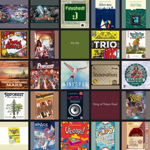 A grid displaying various board game covers, including titles like "Wingspan," "Terraforming Mars," "Backgammon," and "King of Tokyo Duel." Each game cover features colorful artwork and distinctive typography.