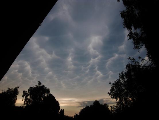 Shortly before sunset, mammatus clouds formed across the sky, resembling caterpillars of sweat and heralding a veritable storm. On the horizon, Saharan sand is illuminated by the setting sun. The scene is framed by silhouettes of trees and a roof.