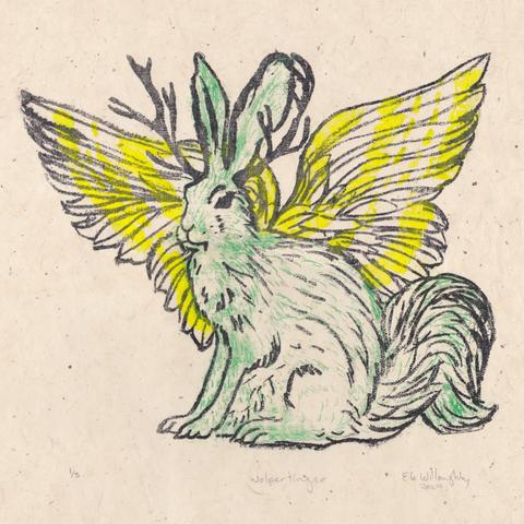 My wolpertinger (fanged, winged hare with antlers and squirrel tail) print made with kitchen litho in black, green and yellow on cream coloured washi paper with bark inclusions. It has a black outline, green fur and yellow striped open wings.