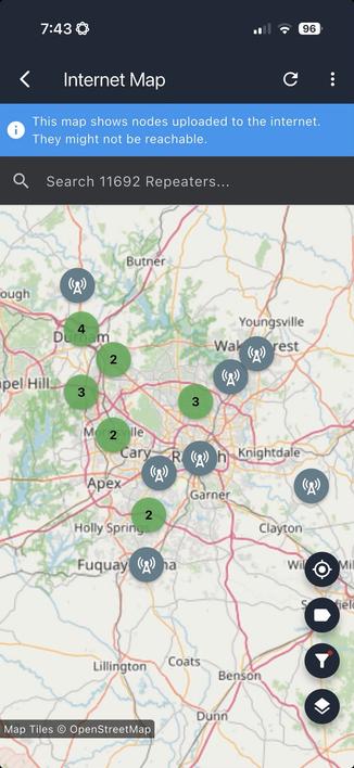 Map showing distribution of MeshCore repeaters around the Triangle region of North Carolina.