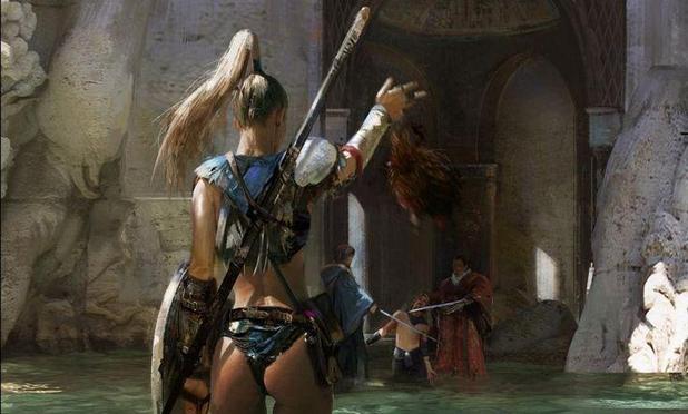 Art by Bruce Zhange - https://www.artstation.com/wwhiloveu10022 
A woman bearing shield in the foreground faces back. She raises her right hand, holding a severed head by the hair. Beyond a water pool, in the background an arched shrine like nook opens within a stone face. At its entrance two figures stand with sword laid against a third, who kneels within the water.