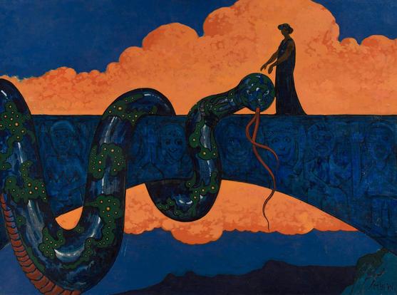 Against a bright orange cloud against a deep blue sky, a huge serpent coils round a bridge, perhaps conjured there by the female figure reaching out towards its head.