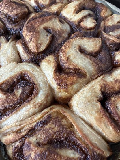 Sourdough cinnamon buns showing caramelised brown sugar on the surface.