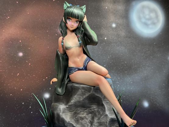 A slightly closer shot from the front showing her of against the starry background.