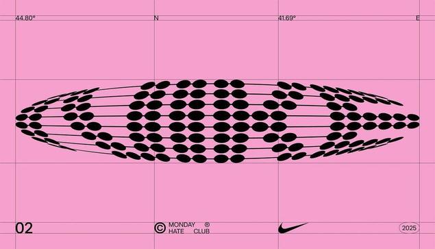 A pink graphic featuring black oval shapes arranged in a pattern, forming a stylized Nike logo.
