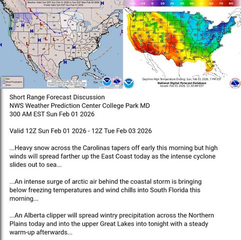 Valid 12Z Sun Feb 01 2026 - 12Z Tue Feb 03 2026

...Heavy snow across the Carolinas tapers off early this morning but high
winds will spread farther up the East Coast today as the intense cyclone
slides out to sea...

...An intense surge of arctic air behind the coastal storm is bringing
below freezing temperatures and wind chills into South Florida this
morning...

...An Alberta clipper will spread wintry precipitation across the Northern
Plains today and into the upper Great Lakes into tonight with a steady
warm-up afterwards...