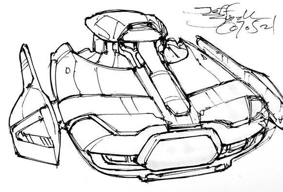 Black and white line art sketch of an imaginative sci fi spaceship. Each one is very different. Wide washbasin shape with rear tower, side nacelles, and a front end like the 60s Batmobile.