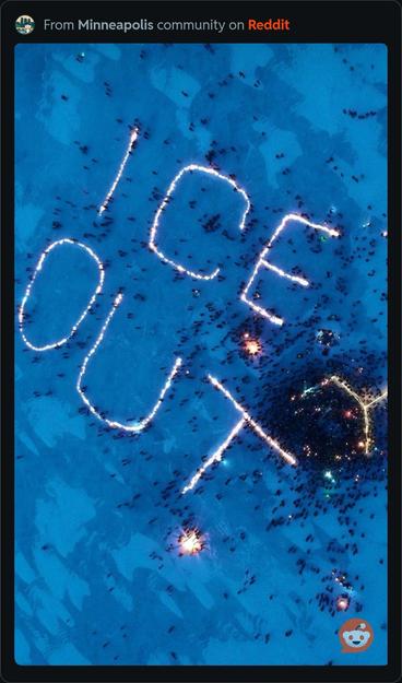 Photo of people gathered on a frozen lake at sunset, with rows of candles lighting the ground and low sunlight on the horizon