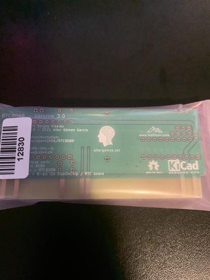Back side photo of 8 bit, 1/4 height green PCB. White silkscreen on the board shows model RTC8088 - Version 3.0