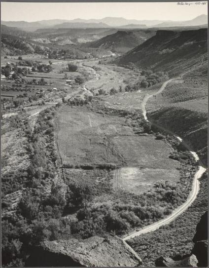 The image is a black and white photograph depicting an expansive, rural landscape. It features undulating hills with sparsely vegetated slopes leading down to flat areas that have been cultivated into fields or plots of land for agricultural purposes. A winding dirt road snakes through the terrain, cutting across the farmland and providing access between various parts of this expanse.

In the foreground on the right side, there is a large rock formation which appears prominent against the landscape's backdrop. The middle ground reveals rows of crops that stretch out towards what seems to be an irrigation canal or waterway running parallel to one edge of these cultivated fields.

The background consists of rolling hills and distant mountains under a clear sky, adding depth to this rural scene. There is no visible human presence in the photograph; it focuses solely on nature's elements and agriculture within Gunlock, Utah as part of Dorothea Lange’s work from 1953 captured by Rolf C. Neschok.

This image serves not just as a visual document but also carries historical significance since it provides insight into rural life during that period in American history through the lens of renowned photographer Dorothea Lange, who was known for her powerful social documentary photography focused on societal issues like poverty and displacement.
