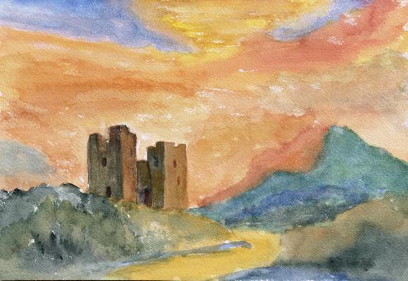 A watercolor painting of a castle in a green valley under a colorful sky near a yellow stream.