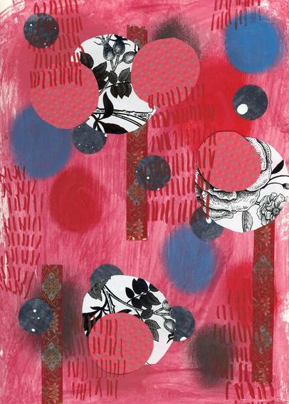 Abstract paper collage on a background of red applied with a brush. Circles colored directly onto the paper, strips of dark red washi tape, and circles of origami paper, wrapping paper, and hand painted papers in various sizes.