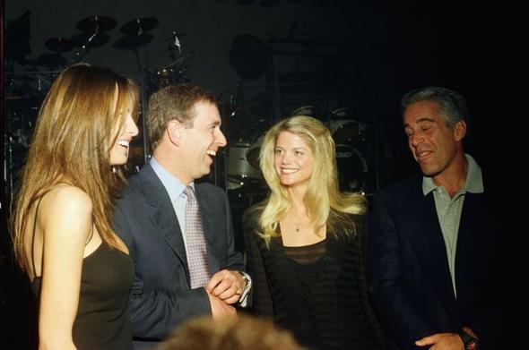 This image shows a photograph of Jeffrey Epstein, Prince Andrew, Gwendolyn Beck, and Melania Trump at an event at the Mar-a-Lago club.
