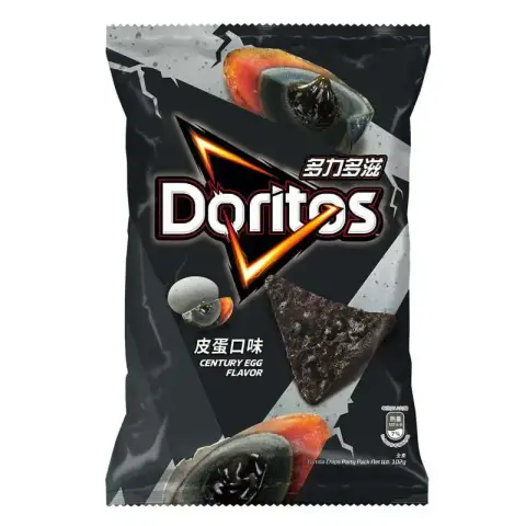 Century Egg Flavored Doritos, sold in Taiwan. The packaging is black in color, and depicts a "century egg", a Chinese dish made by preserving eggs in clay and ash for weeks, transforming the albumen into a brown gelatinous texture, and the yolk to dark greenish-grey. The chips are black too, presumably from artificial food coloring.