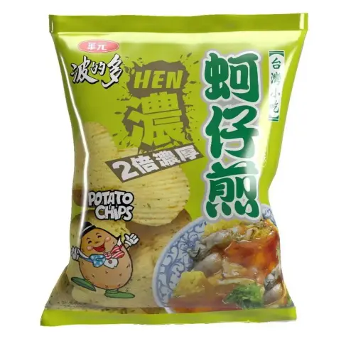 Oyster pancake flavored potato chips by food manufacturer Hwa Yuan Foods (華元食品), sold in Taiwan. The packaging is lime green in color. At the lower right color is a plate of traditional Taiwanese oyster pancake, doused in a slimy thick sauce, with abundant baby oysters. The crinkled chips are not colored any differently than regular potato chips.