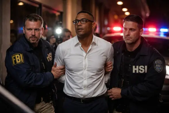 Don Lemon arrested as federal agents escort the journalist from a hotel, illustrating threats to First Amendment press freedom and independent reporting