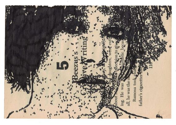Pen drawing of Melanie Griffith looking worried drawn on a torn-out book page.