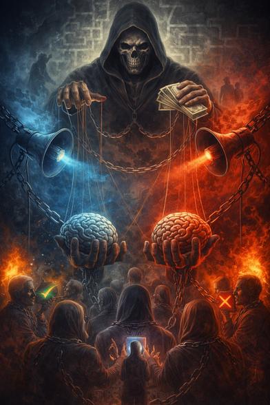 Greed is a deadly sin - escalating in egoistic, narcissistic societies
Image Description (English)
The image depicts a dark allegorical scene. At its center stands a hooded, skeletal figure representing greed. In one hand it holds money, in the other puppet strings controlling human brains like marionettes. The brains are colored in cold blue and aggressive red, symbolizing polarized thinking, fear, and impulsive decision-making.
Loudspeakers broadcast opposing messages while chained figures below represent societies trapped by disinformation, emotional manipulation, and social pressure. Some faces signal approval, others resistance, illustrating how democracies become vulnerable when a significant portion of society adopts egoistic or authoritarian mindsets. The image visualizes greed as a systemic force: it feeds on fear, reduces complexity, and progressively undermines democratic stability.🖖