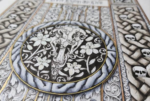 Angled view showing the gold highlight lines, and iridescent pearl on the lilies, catching the light.