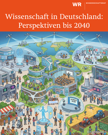 Illustration einer futuristischen, aber menschenzentrierten Wissenschafts- und Technologiestadt mit grünen Dächern, Robotern, Drohnen, Laboren, Klassenzimmern, Landwirtschaft und Marktplatz, in der Menschen und KI in Bildung, Gesundheit, Forschung und All