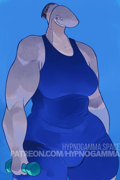 A digital illustration of Audrey, the Black Tip Reef Shark, standing with a blue backdrop behind her. She wears a blue bodysuit and carries a blue-green dumbell in her right hand.