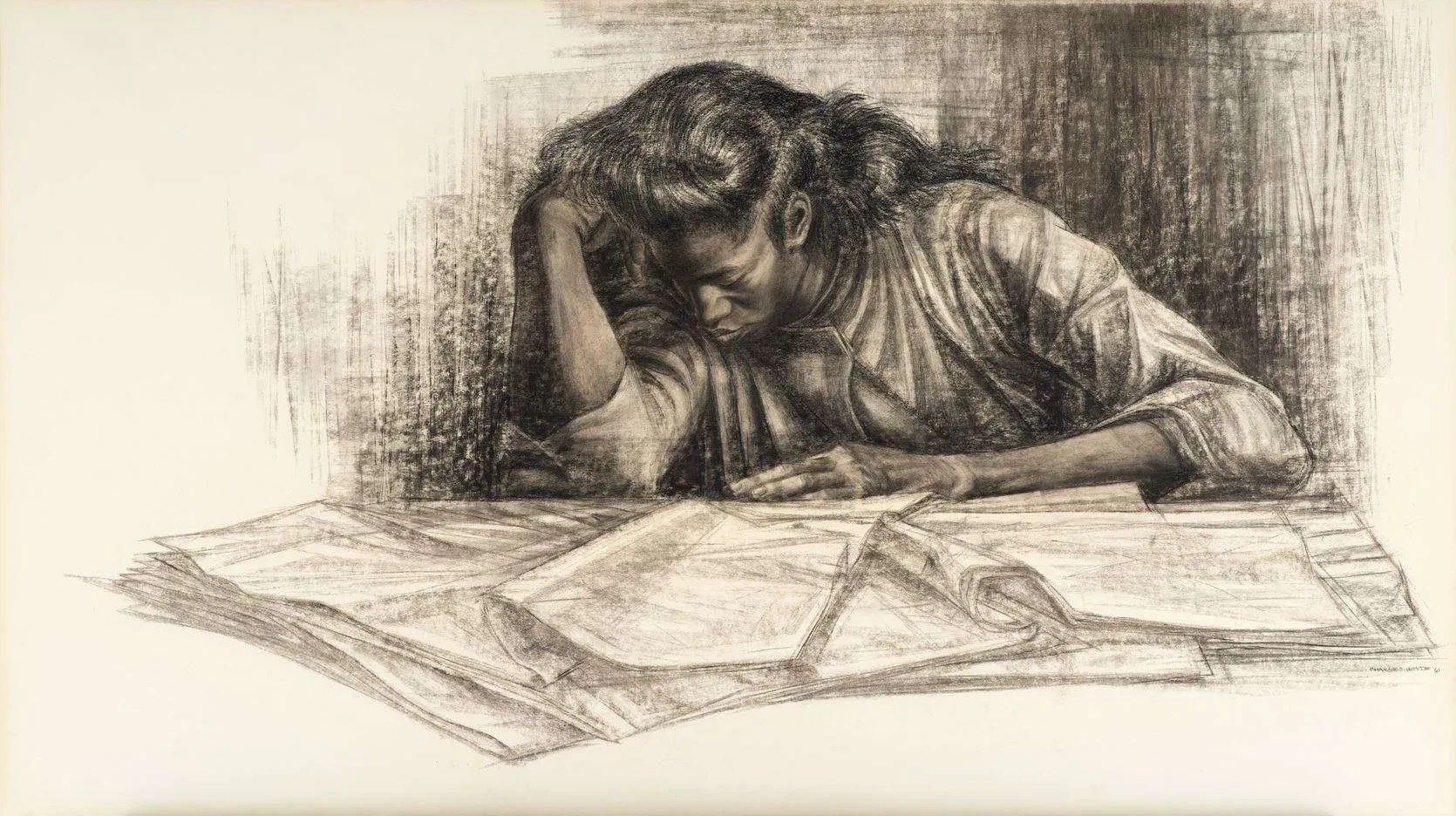 From the museum: ‘This intimate image of a young woman symbolizes the hope of many African Americans after the "Brown v. Board of Education" ruling in 1954. In this landmark case, the Supreme Court unanimously agreed that racial segregation in public schools violated the 14th Amendment’s mandate of equal protection of the laws of the U.S Constitution—thereby entitling students to a quality public school education regardless of their race. The work’s large scale attests to White’s mastery of drawing. By rubbing and erasing, the artist created gradient tones in the figure’s face and arms. White fashioned the undulating creases of the garment by blending, while he scratched the paper to produce the naturalistic texture of her hair. The work is also a testament to White’s reverence for learning. He attended a predominately white high school, where his teachers actively excluded black contributions to American society from their curriculum. As a child, White educated himself on the experiences of black Americans through frequent visits to the Chicago Public Library. The work was immensely popular in its time. In 1963, the Student Nonviolent Coordinating Committee (SNCC) put the image on the cover of a brochure announcing its Freedom School.’