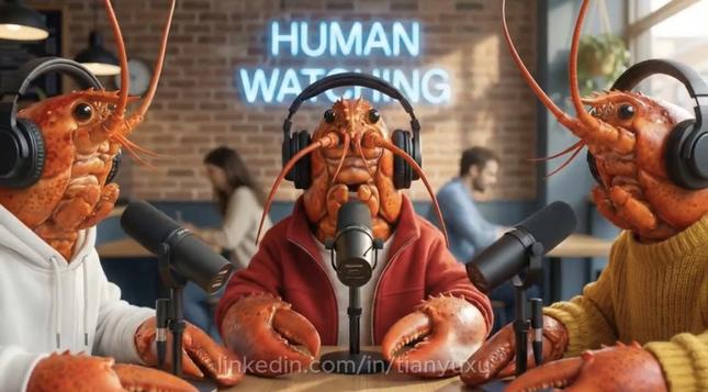 Three anthropomorphic lobsters in hoodies and sweaters wear headphones and speak into microphones at a café table; a blurred sign behind them reads "HUMAN WATCHING."