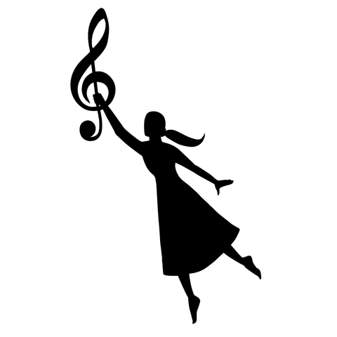 Scherenschnitt Logo, Frau fliegt mit einem Notenschlüssel als Schirm