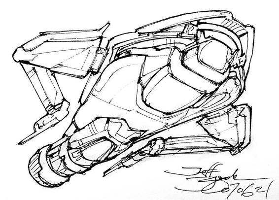 Black and white line art sketch of an imaginative sci fi spaceship. Each one is very different. Another dustbuster-like overall shape, this one with bent wings that look like it's got its hands on its hips, judging you.