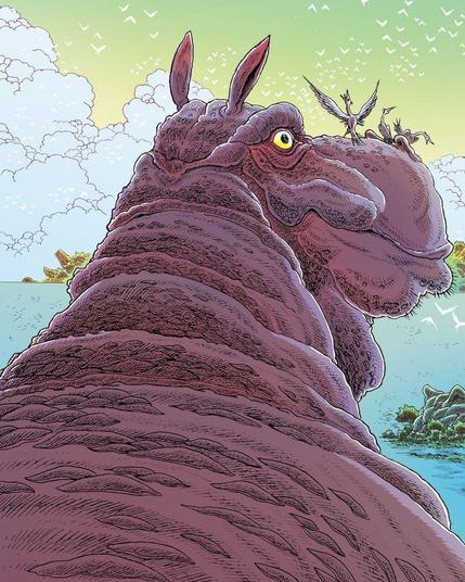A close-up, highly-detailed image of the cartoon hippopotamus from the Ends of the Earth album artwork. It is purplish/pink in colour, with a mottled, gnarly skin and yellow eye staring out off into the distance. Ears pointed up, and with a collection of tiny seabirds on its snout. Its facial expression seems like one of confused contentment. That head may be empty, or it could be thinking of a breakfast either remembered or still to come.
