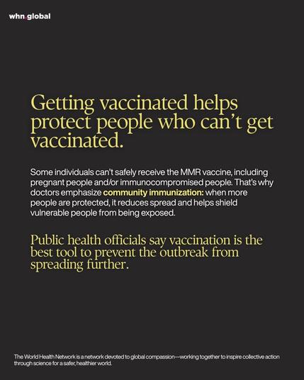 Dark graphic with a large yellow headline explaining that vaccination protects people who can’t be vaccinated. White text explains why (pregnancy/immunocompromised) and emphasizes “community immunization,” followed by a concluding statement and the WHN footer.

Text on image:

whn.global

Getting vaccinated helps protect people who can’t get vaccinated.

Some individuals can’t safely receive the MMR vaccine, including pregnant people and/or immunocompromised people. That’s why doctors emphasize community immunization: when more people are protected, it reduces spread and helps shield vulnerable people from being exposed.

Public health officials say vaccination is the best tool to prevent the outbreak from spreading further.

The World Health Network is a network devoted to global compassion—working together to inspire collective action through science for a safer, healthier world.
